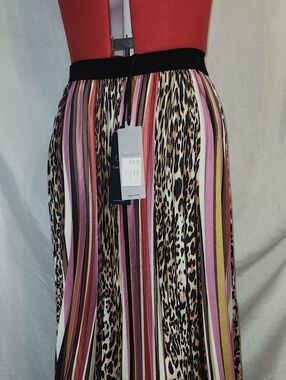 NWT Christina Lei Multi-Color Striped & Leopard Print Pleated Skirt